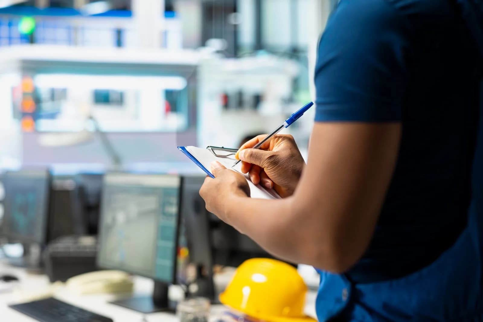 Technician recording findings during a site condition inspection